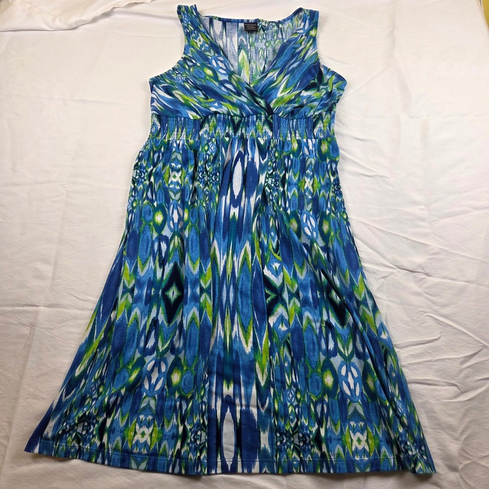 Faded Glory Sleeveless Knit Dress L Blue Green Ikat Smocked Empire Waist V-Neck